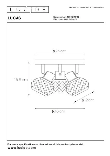 Lucide LUCAS - Spot plafond - 3xE14 - Or Mat / Laiton - TECHNISCH